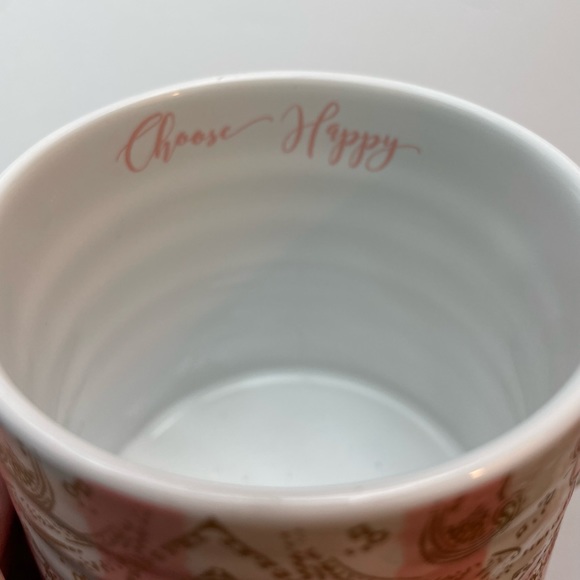 Patina Vie pink and gold ceramic coffee mug. Choose Happy - Picture 2 of 6